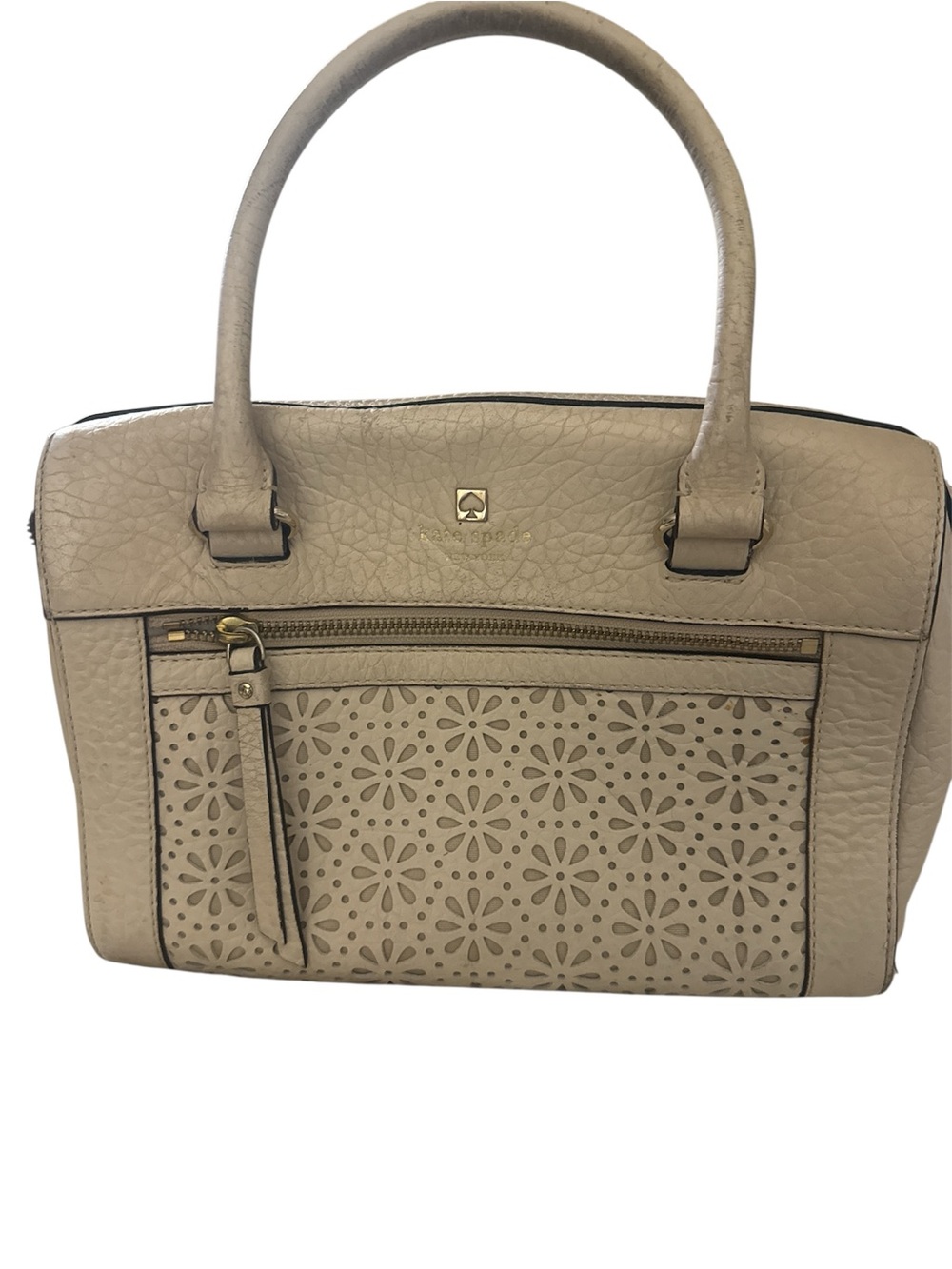 Kate Spade New York ivory satchel, laser-cut floral, zip top. Shows wear